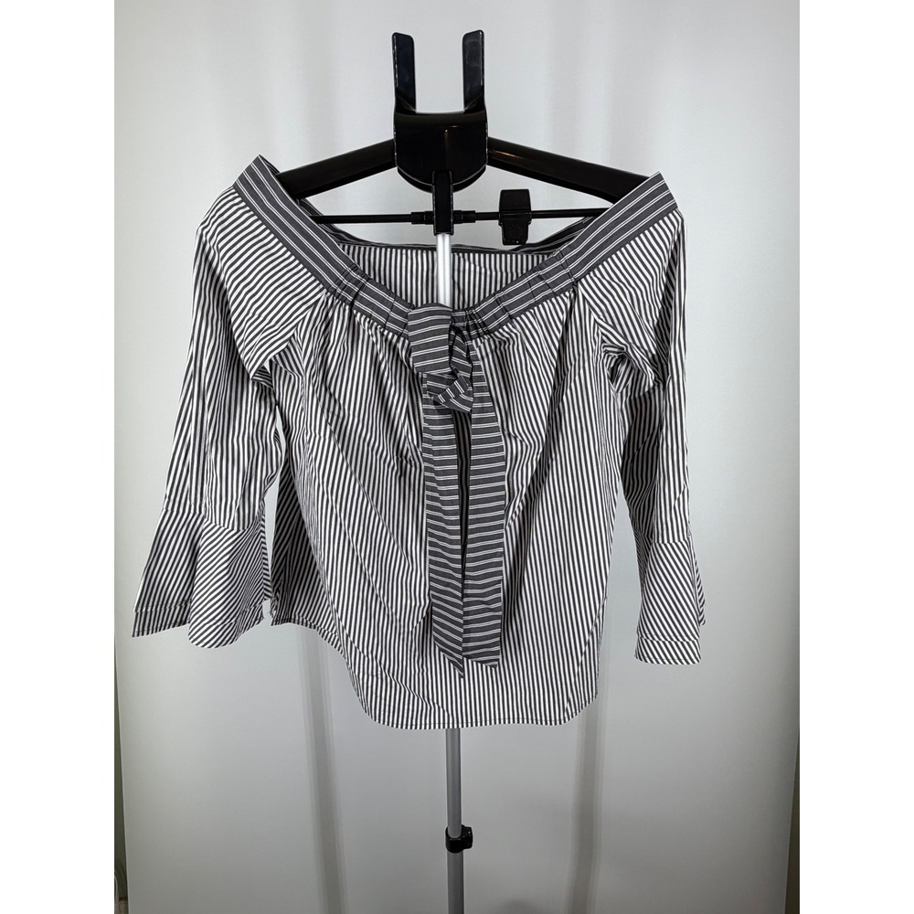 Ann Taylor LOFT Striped Off The Shoulder Bow Bell Sleeve Blouse Navy White S NEW